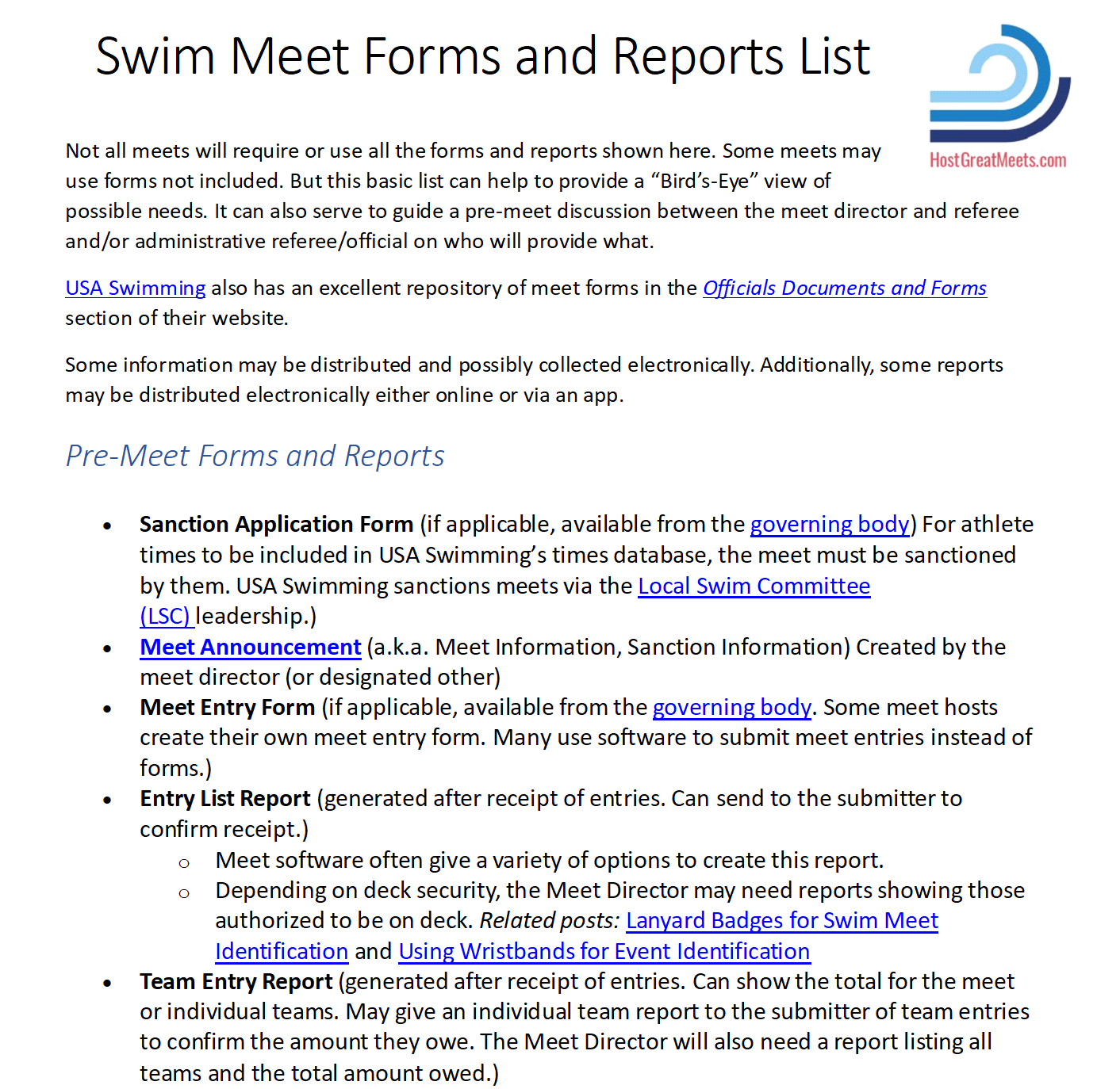 Swim Meet Forms and Reports List